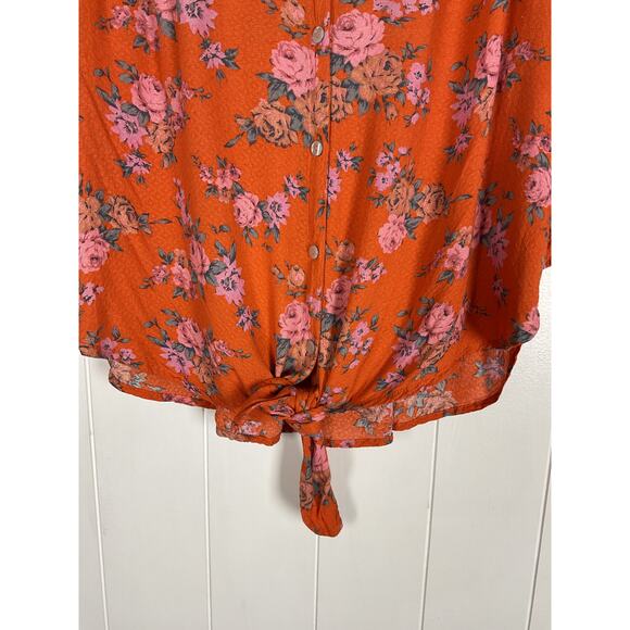 Free People Celia Floral Print Tie Front Button Up Short Sleeve Blouse Orange L - Picture 6 of 9